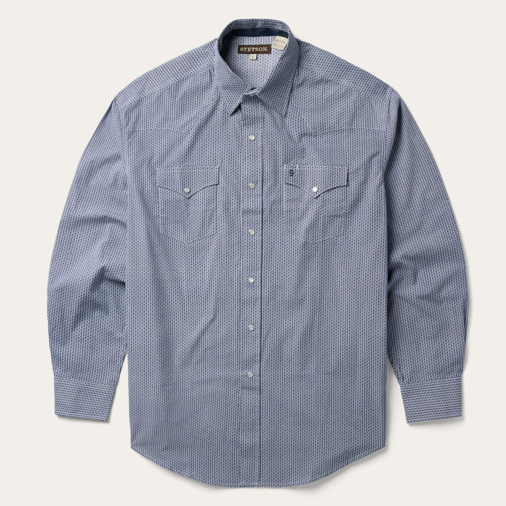 Men Classic Cut | Stetson Blue Deco Geo Print Western Shirt Blue