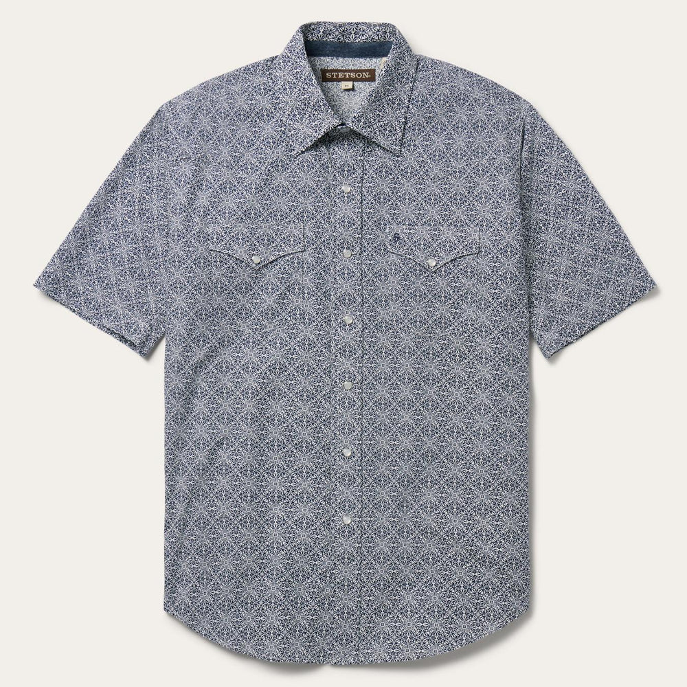 Men Classic Cut | Stetson Navy Print Short Sleeve Western Shirt Blue