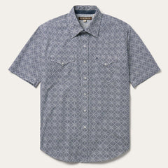 Men Classic Cut | Stetson Navy Print Short Sleeve Western Shirt Blue