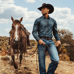 Men Denim Shirts | Stetson Dark Denim Western Shirt Blue