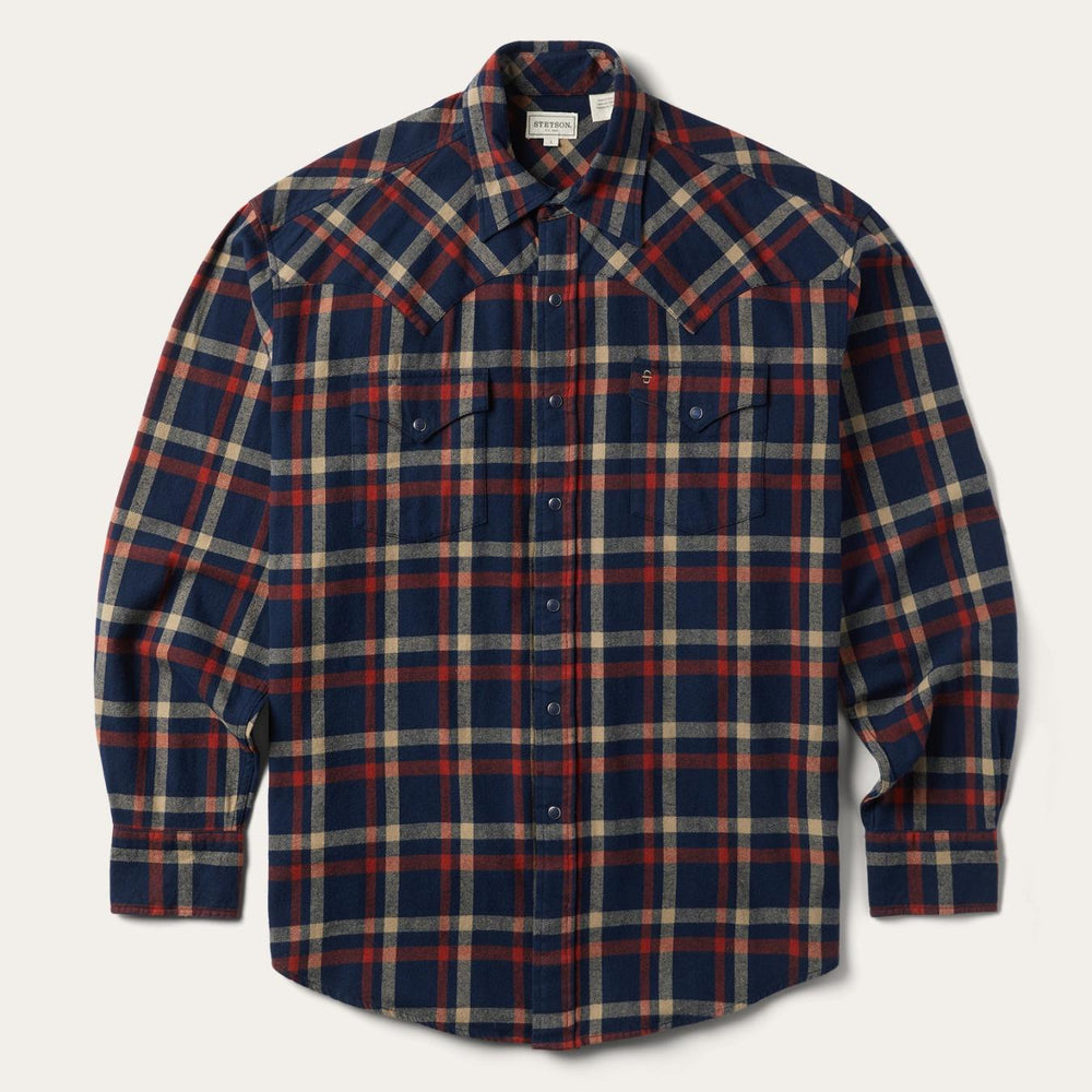 Men Flannel Shirts | Stetson Brushed Twill Plaid Shirt Blue