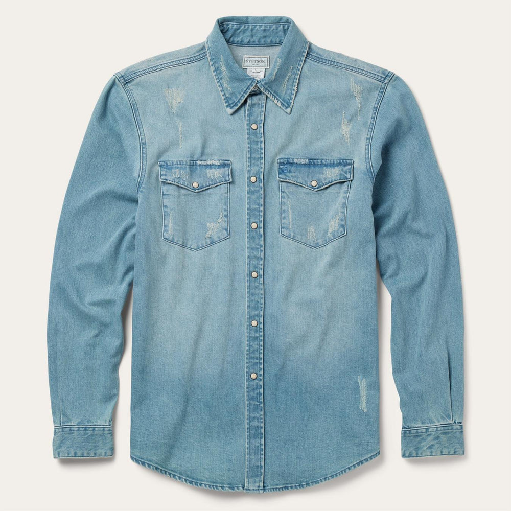 Men Western Shirts | Stetson Distressed Denim Western Shirt Blue