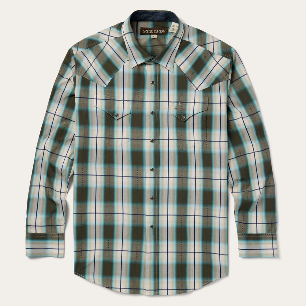 Men Western Shirts | Stetson Olive Ombre Plaid Western Shirt Green