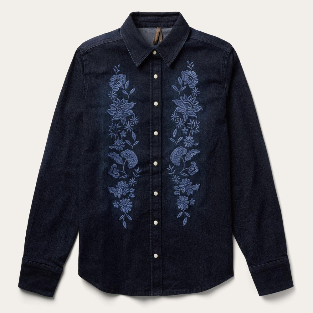 Women Denim Shirts | Stetson Embroidered Dark Denim Snap Front Shirt Blue