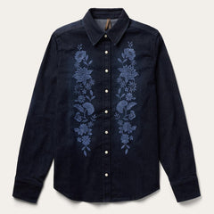 Women Denim Shirts | Stetson Embroidered Dark Denim Snap Front Shirt Blue