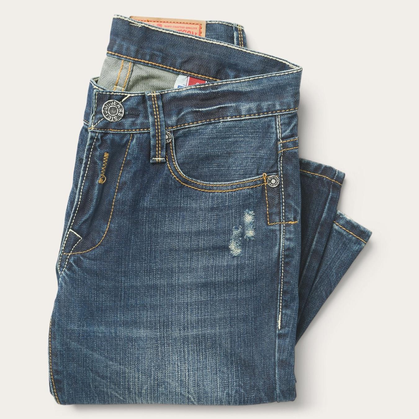 Men Boot Cut | Stetson 1014 Fit Destructed Dark Wash Jeans Blue