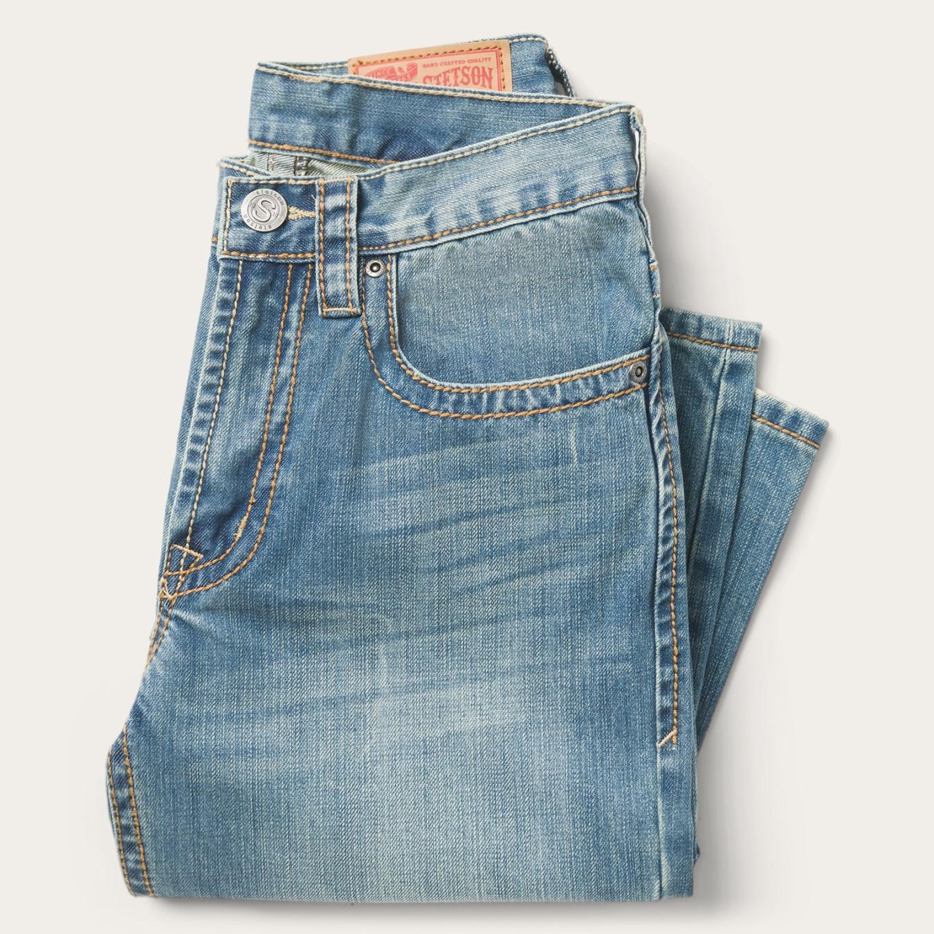Men Boot Cut | Stetson 1520 Fit Light Wash Jeans With Tacking Blue
