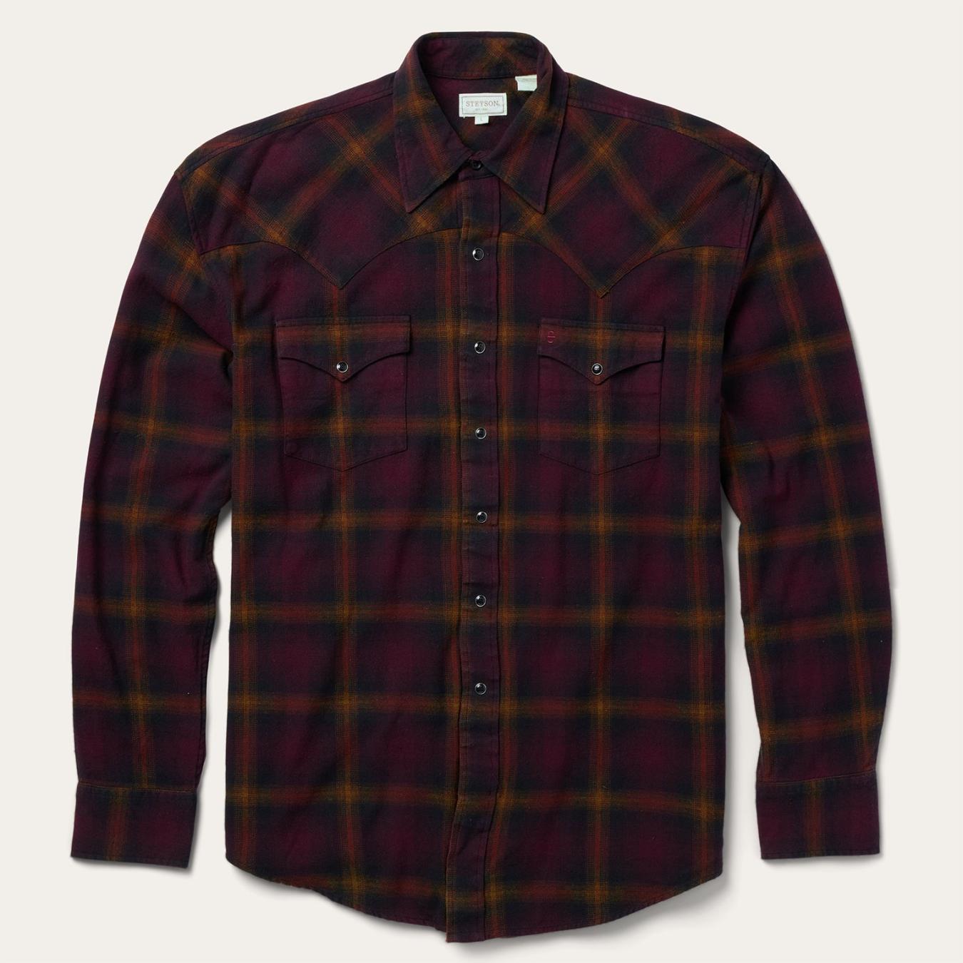 Men Classic Cut | Stetson Black Wine Plaid Flannel Western Shirt Wine