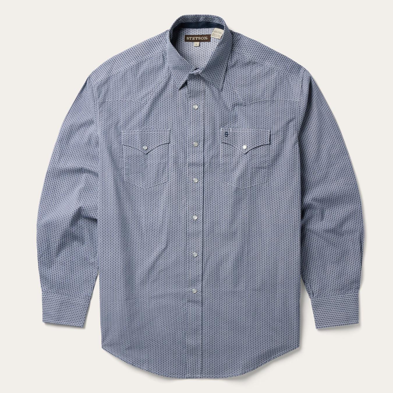 Men Classic Cut | Stetson Blue Deco Geo Print Western Shirt Blue