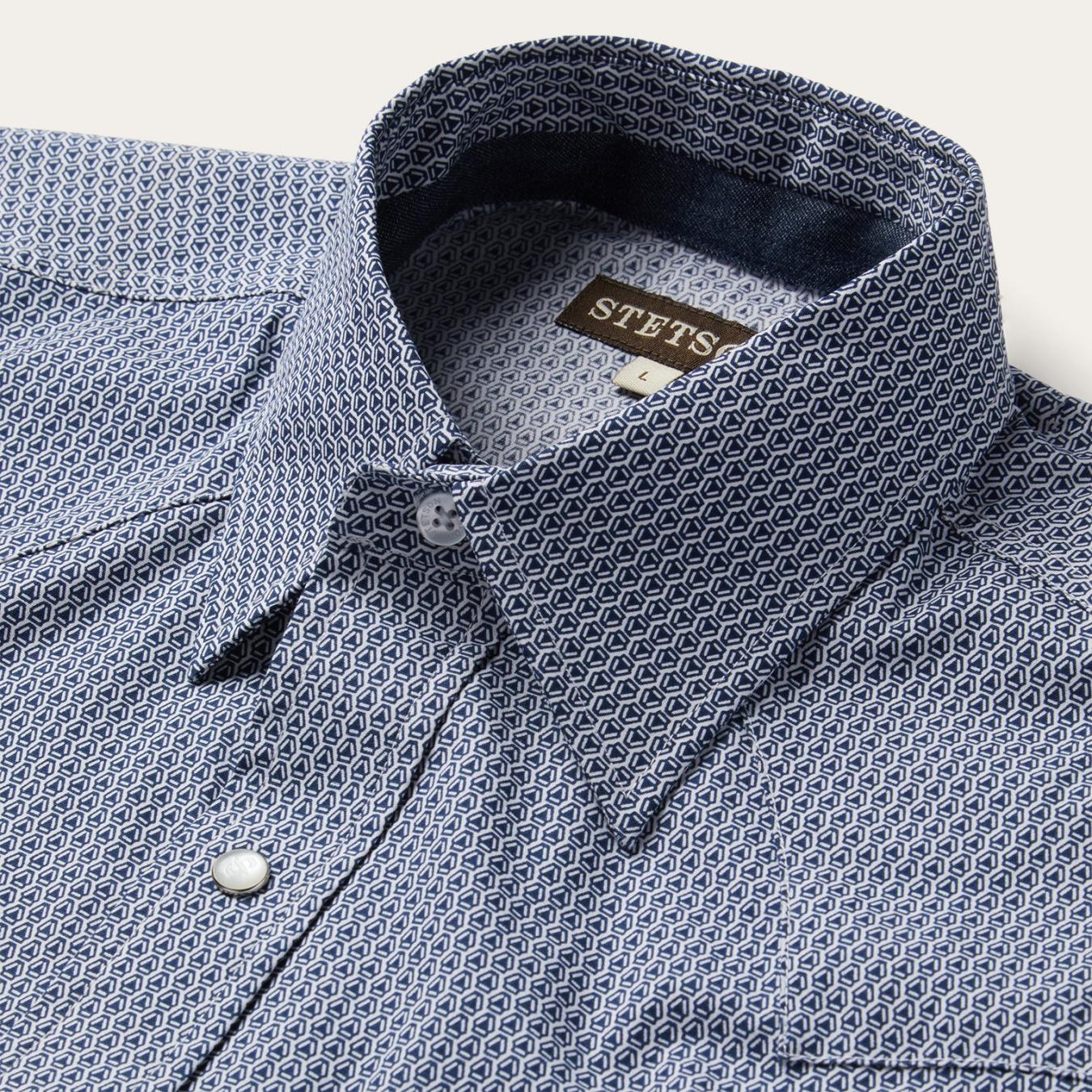 Men Classic Cut | Stetson Blue Deco Geo Print Western Shirt Blue