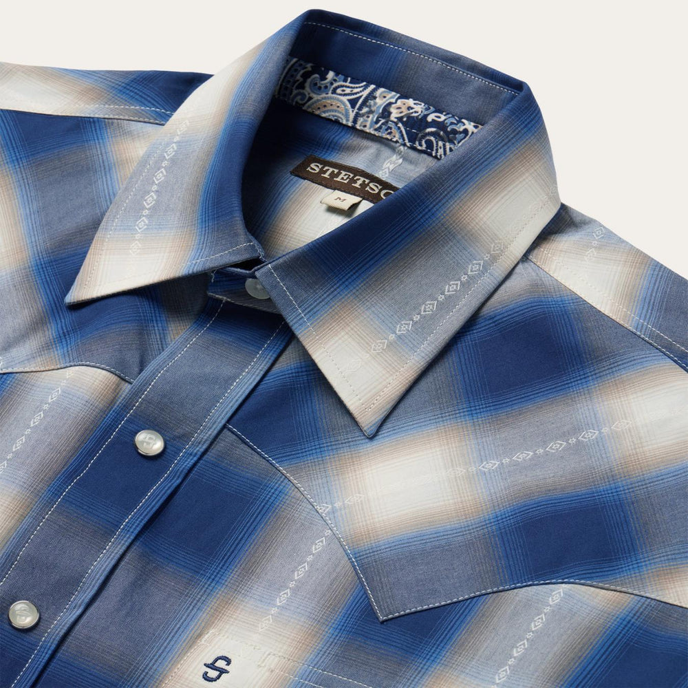 Men Classic Cut | Stetson Blue Ombre Plaid Short Sleeve Western Shirt Blue