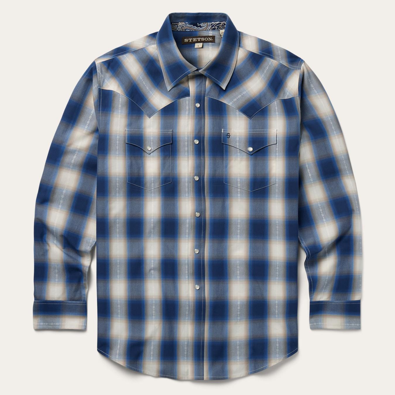 Men Classic Cut | Stetson Blue Ombre Plaid Western Shirt Blue