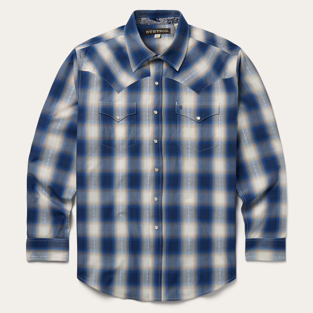 Men Classic Cut | Stetson Blue Ombre Plaid Western Shirt Blue