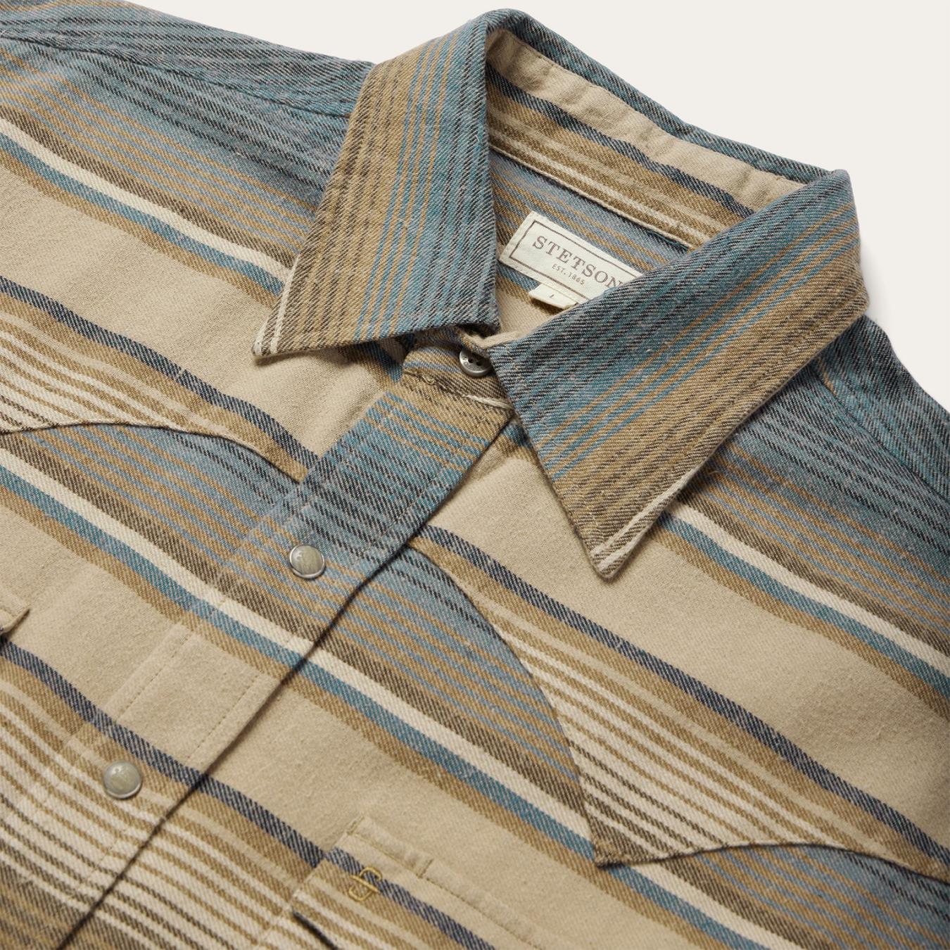 Men Classic Cut | Stetson Blue Stripe Flannel Western Shirt Blue