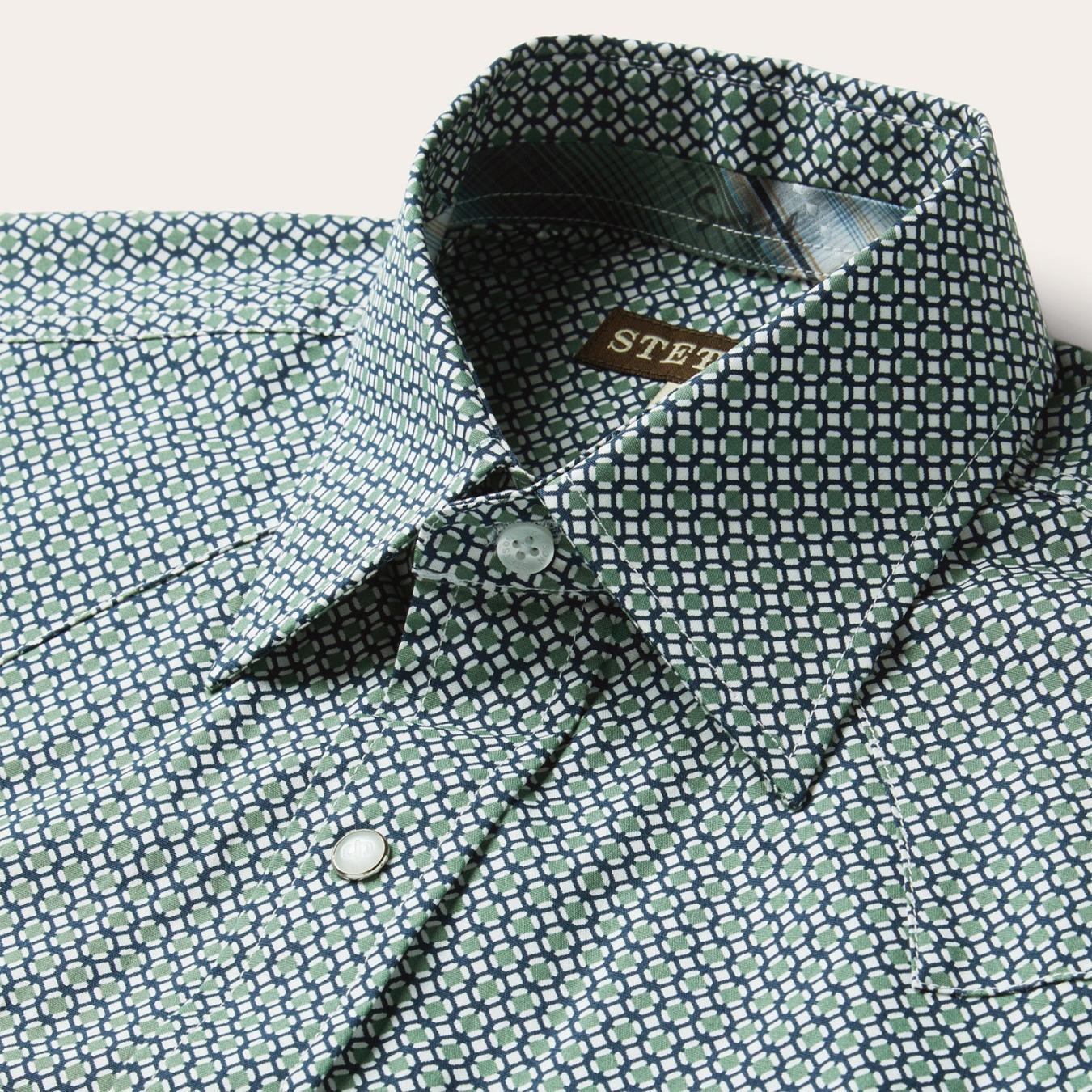 Men Classic Cut | Stetson Circle Diamond Print Short Sleeve Western Shirt Green