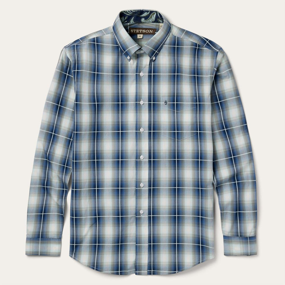 Men Classic Cut | Stetson Crystal Plaid Button Down Shirt Blue