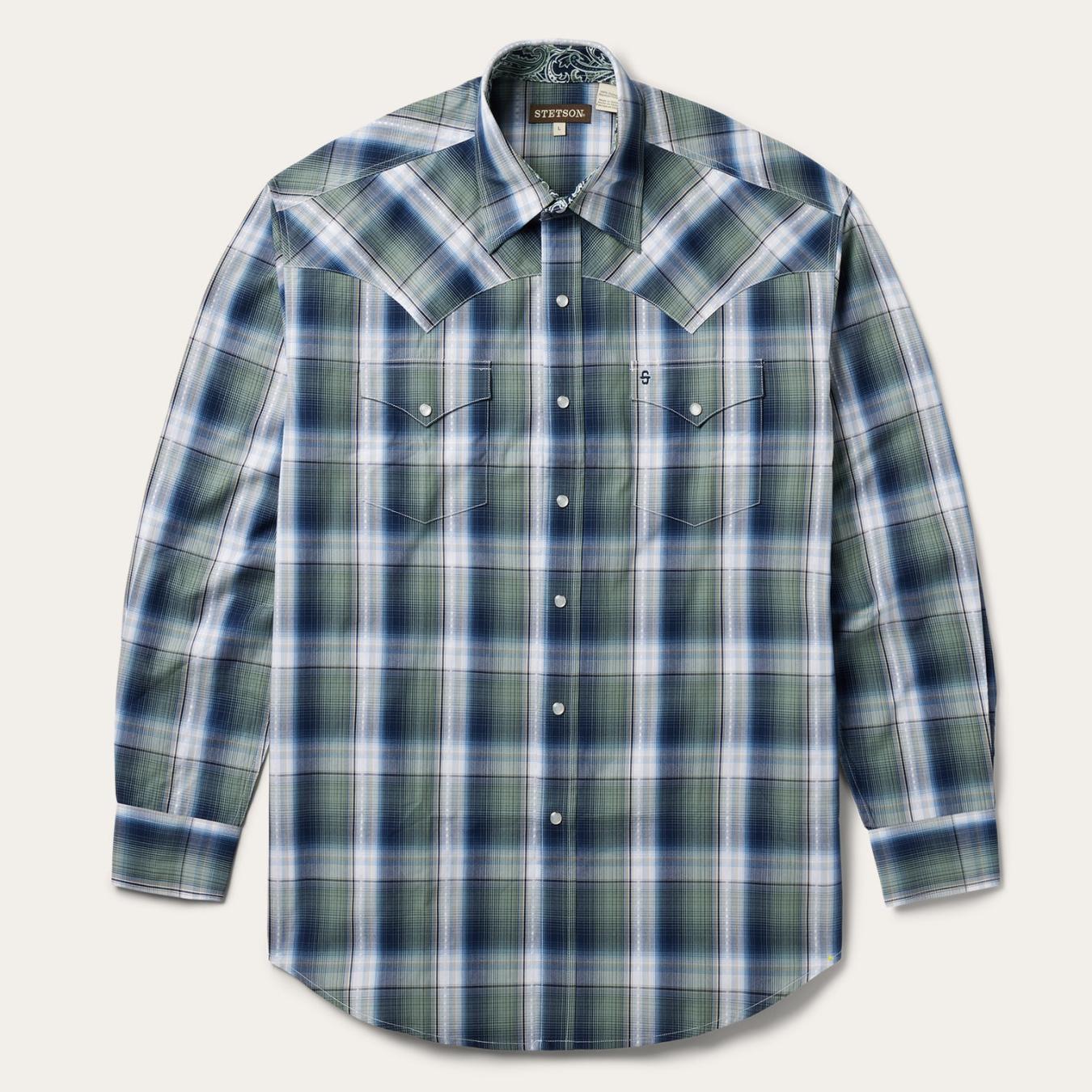 Men Classic Cut | Stetson Lucky Diamond Plaid Western Shirt Green