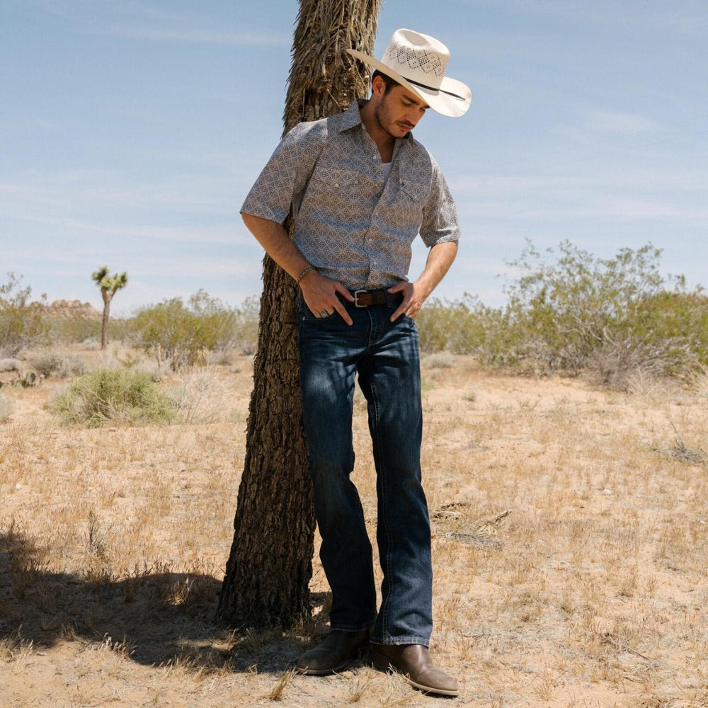Men Classic Cut | Stetson Navy Print Short Sleeve Western Shirt Blue