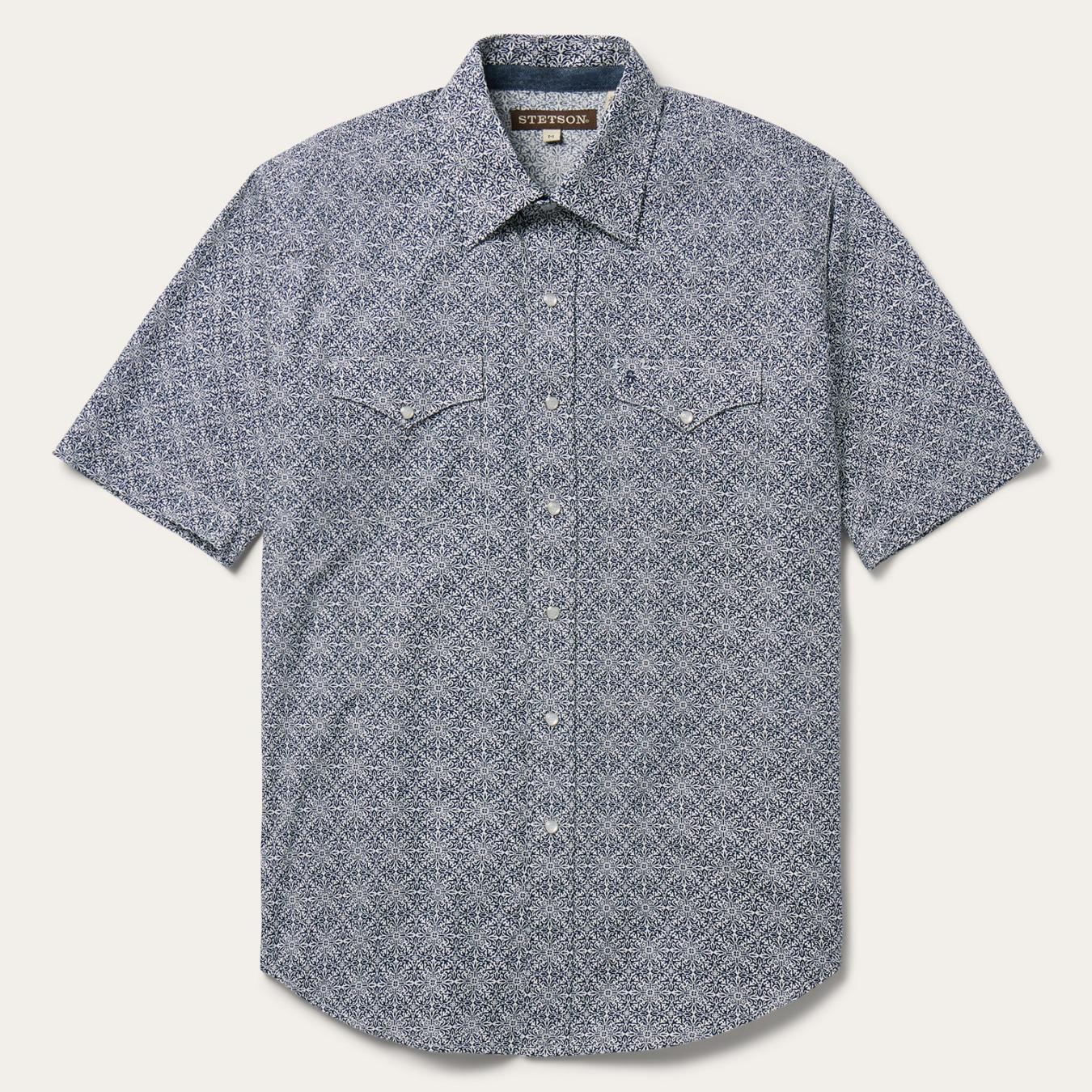 Men Classic Cut | Stetson Navy Print Short Sleeve Western Shirt Blue