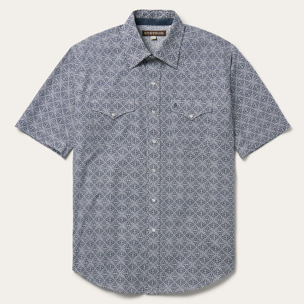 Men Classic Cut | Stetson Navy Print Short Sleeve Western Shirt Blue