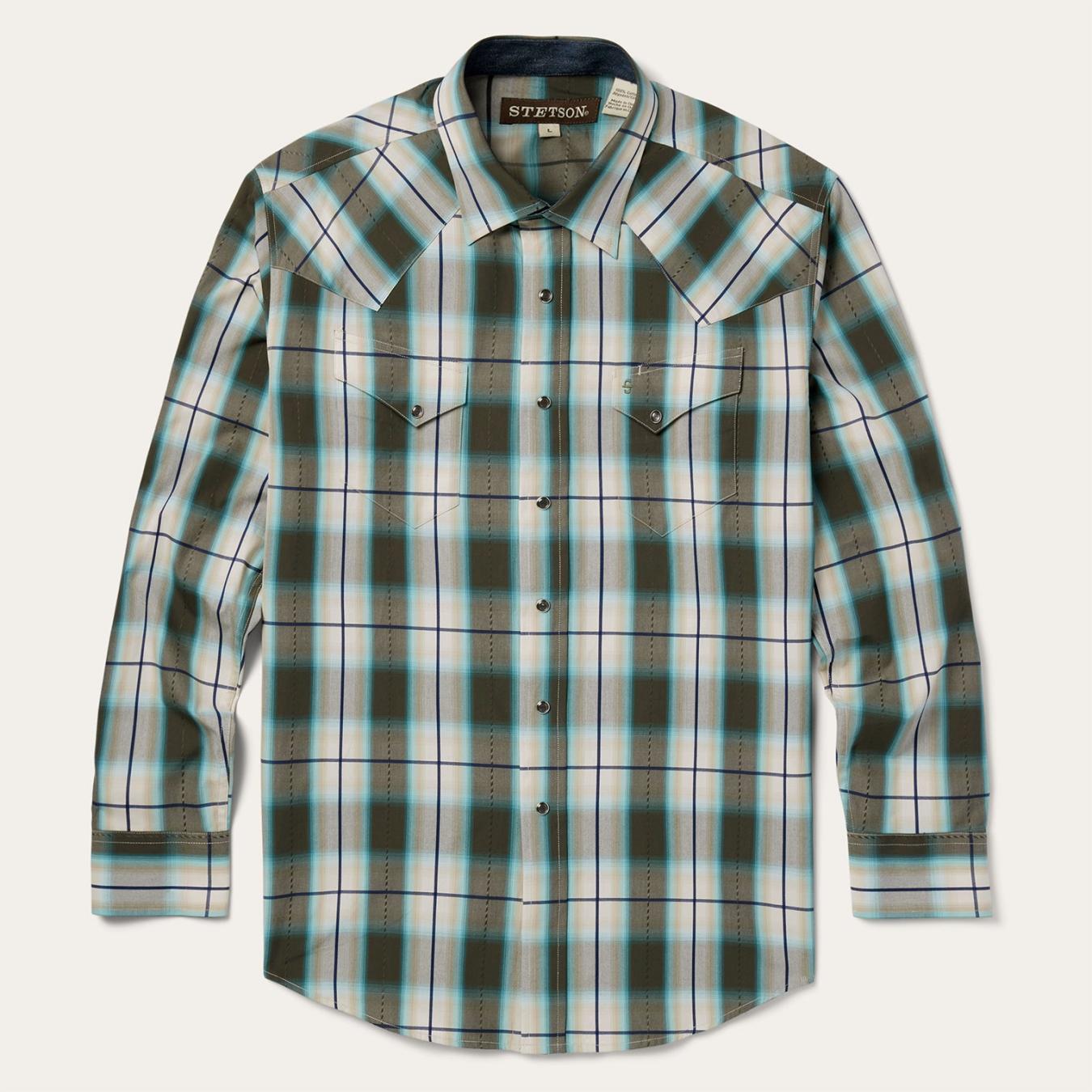 Men Classic Cut | Stetson Olive Ombre Plaid Western Shirt Green