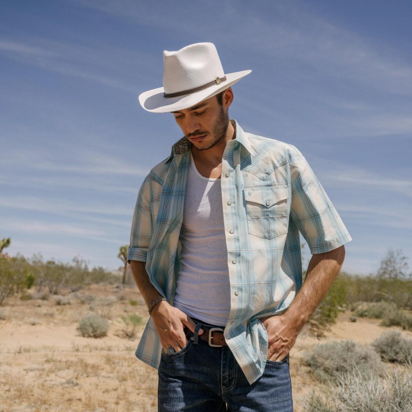 Men Classic Cut | Stetson Ombre Plaid Short Sleeve Western Shirt Blue