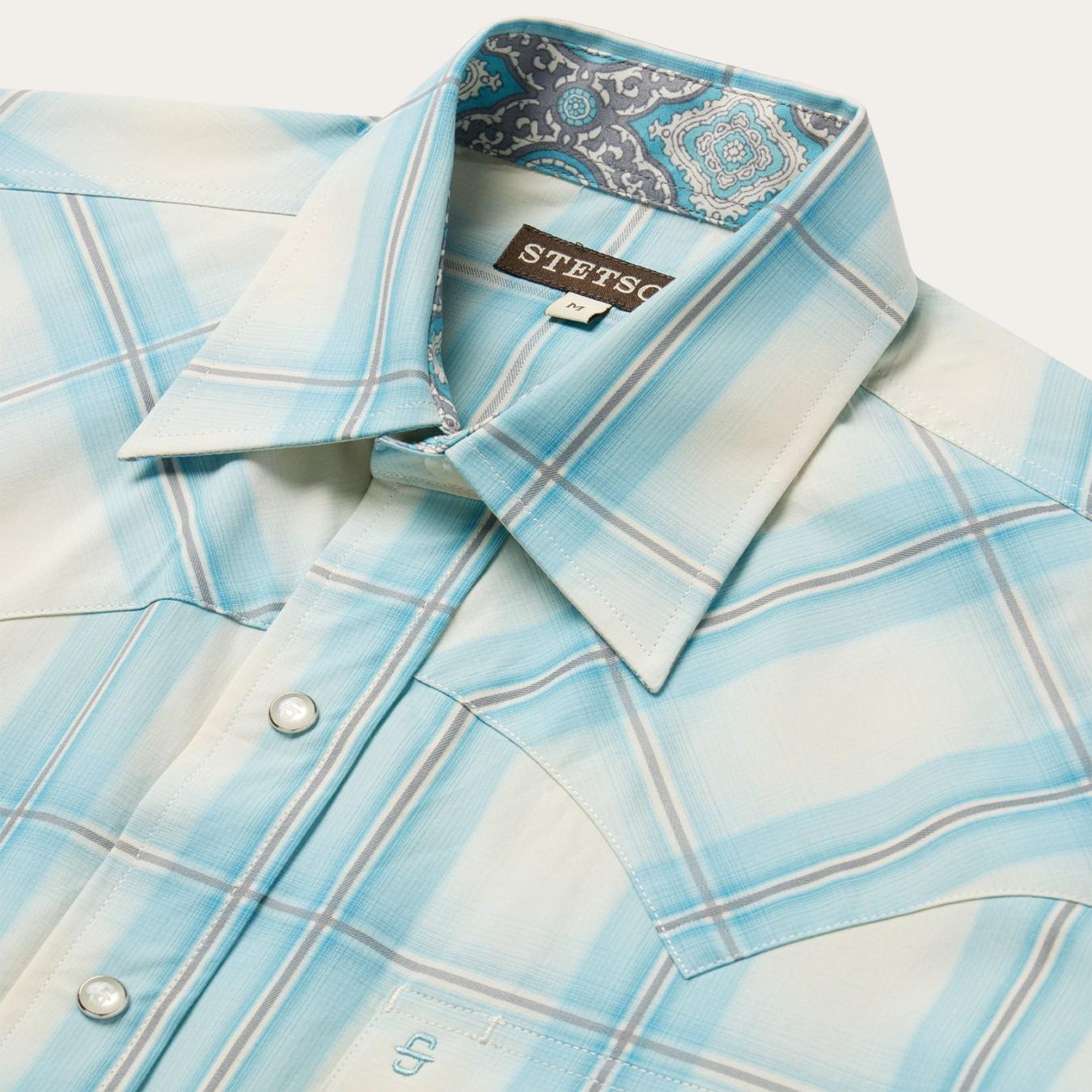 Men Classic Cut | Stetson Ombre Plaid Short Sleeve Western Shirt Blue