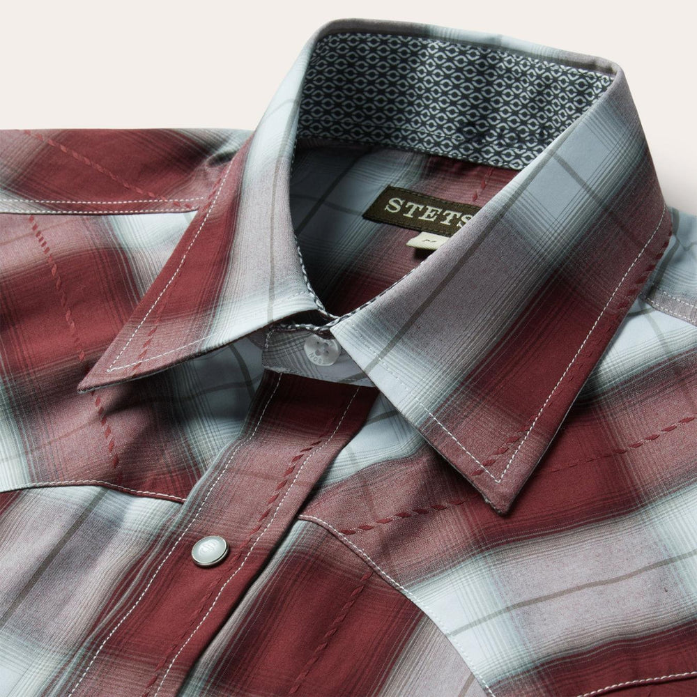 Men Classic Cut | Stetson Shadow Plaid Short Sleeve Western Shirt Wine