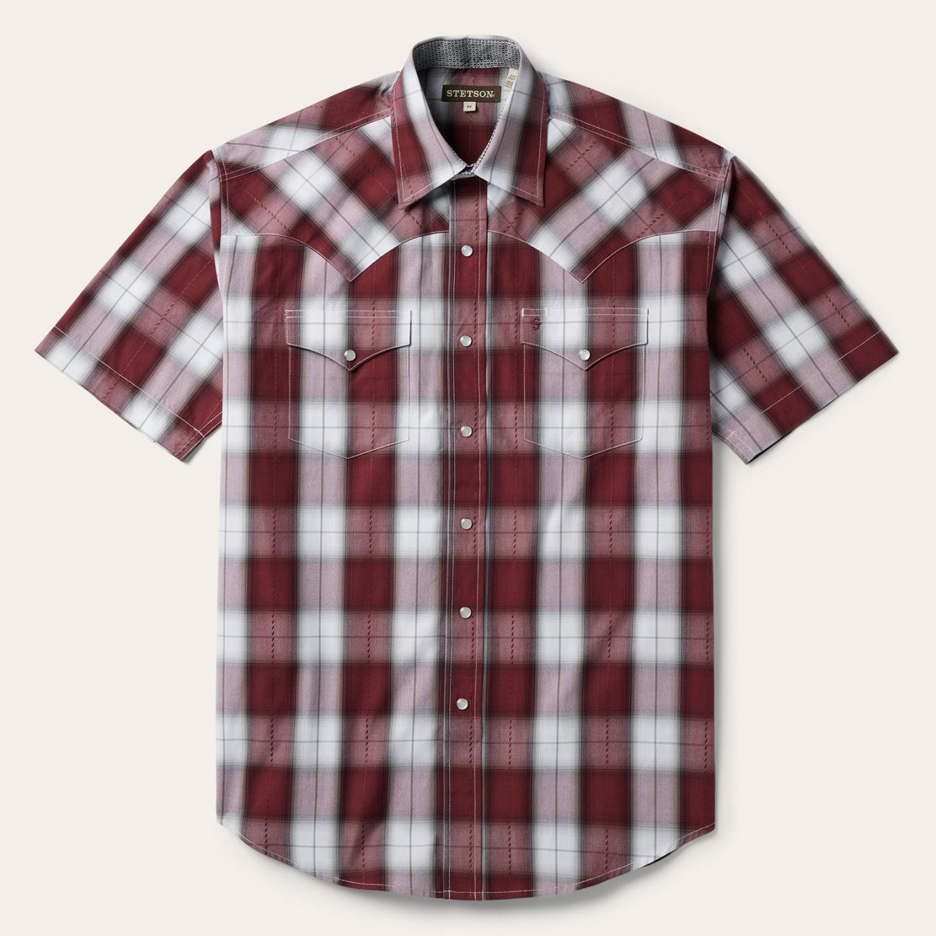 Men Classic Cut | Stetson Shadow Plaid Short Sleeve Western Shirt Wine