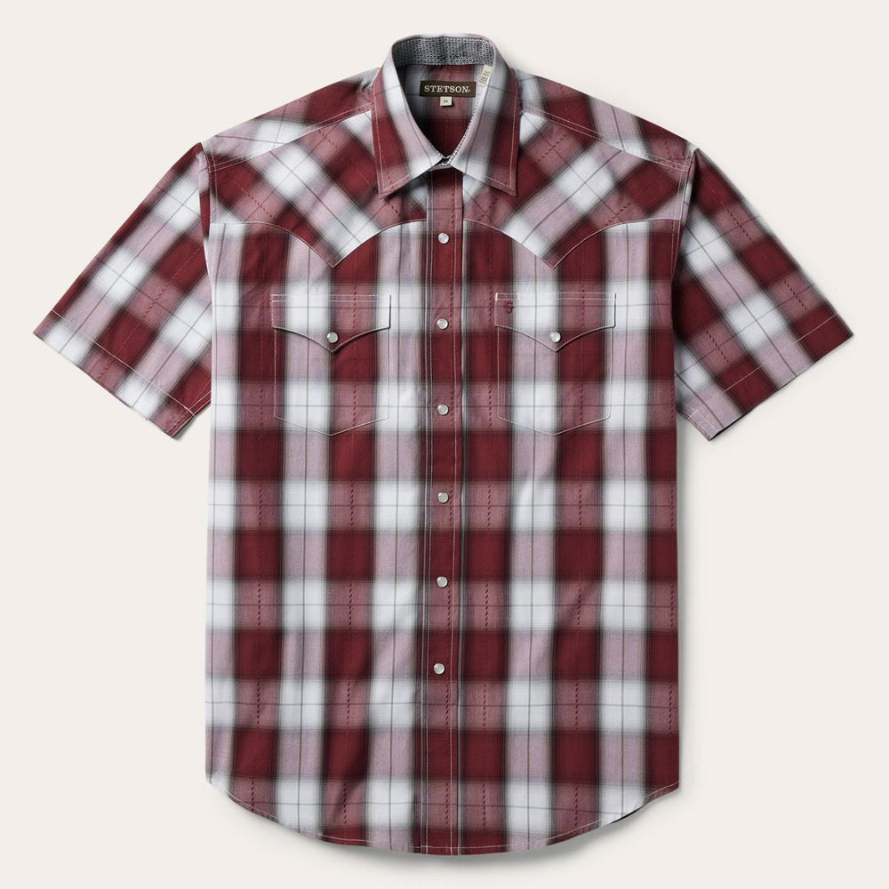 Men Classic Cut | Stetson Shadow Plaid Short Sleeve Western Shirt Wine