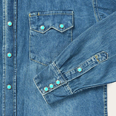Men Classic Cut | Stetson Turquoise Snap Western Denim Shirt Blue