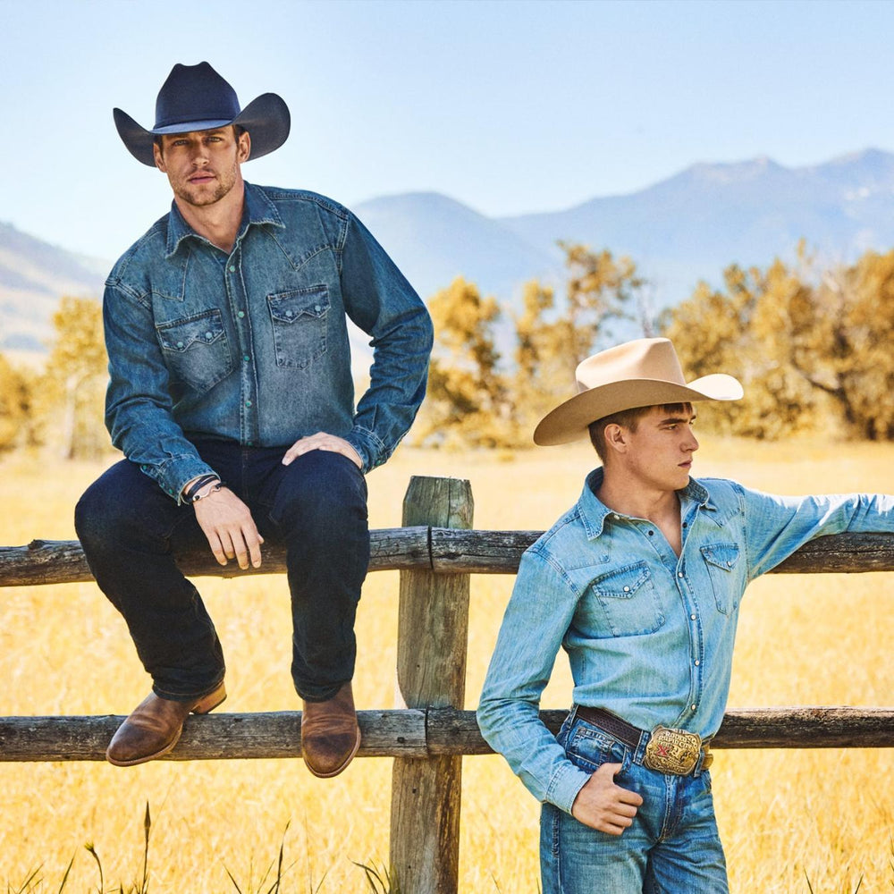 Men Classic Cut | Stetson Turquoise Snap Western Denim Shirt Blue