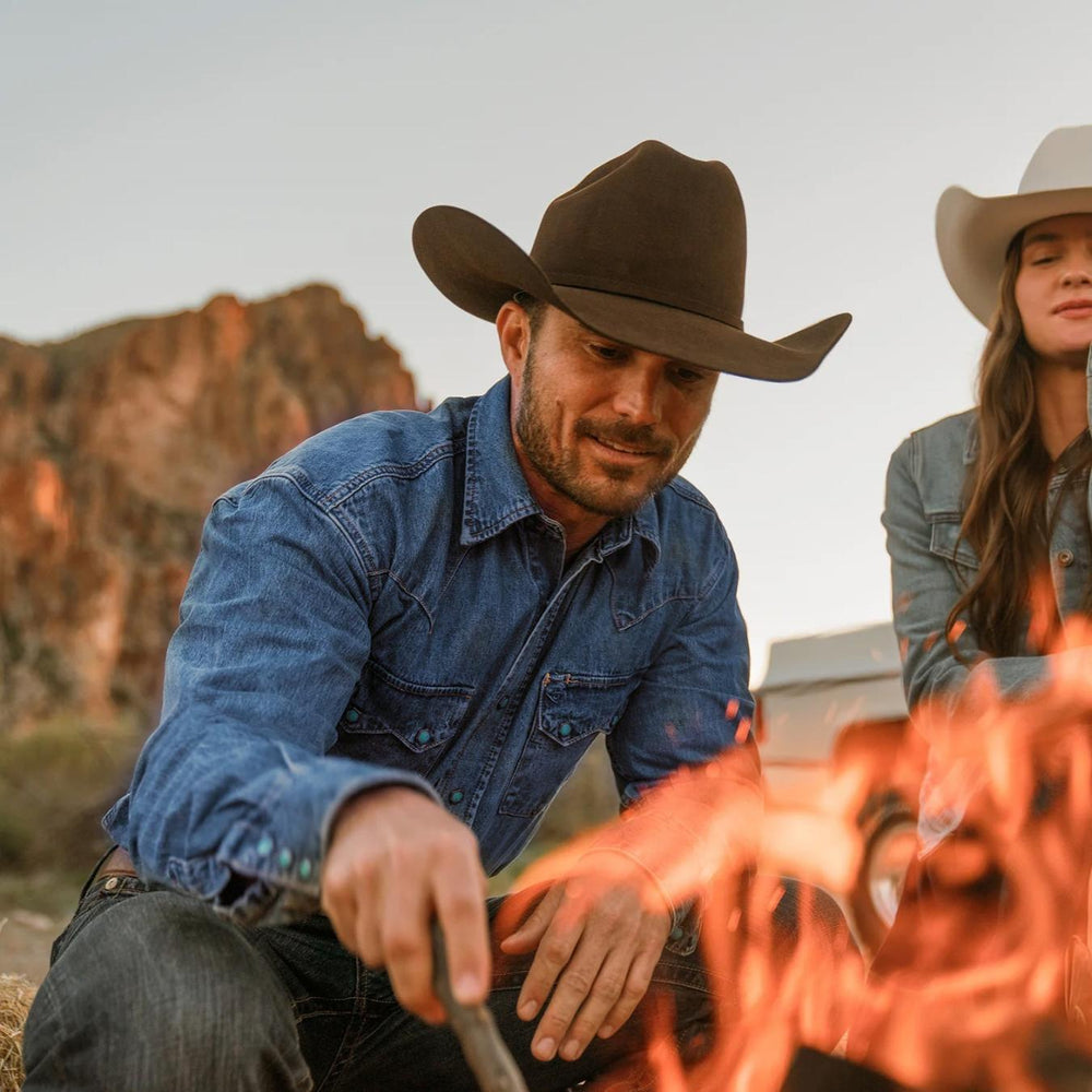 Men Classic Cut | Stetson Turquoise Snap Western Denim Shirt Blue