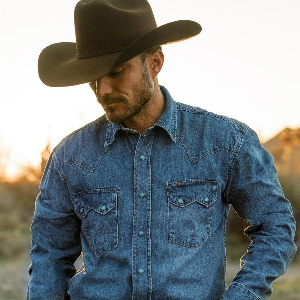 Men Classic Cut | Stetson Turquoise Snap Western Denim Shirt Blue