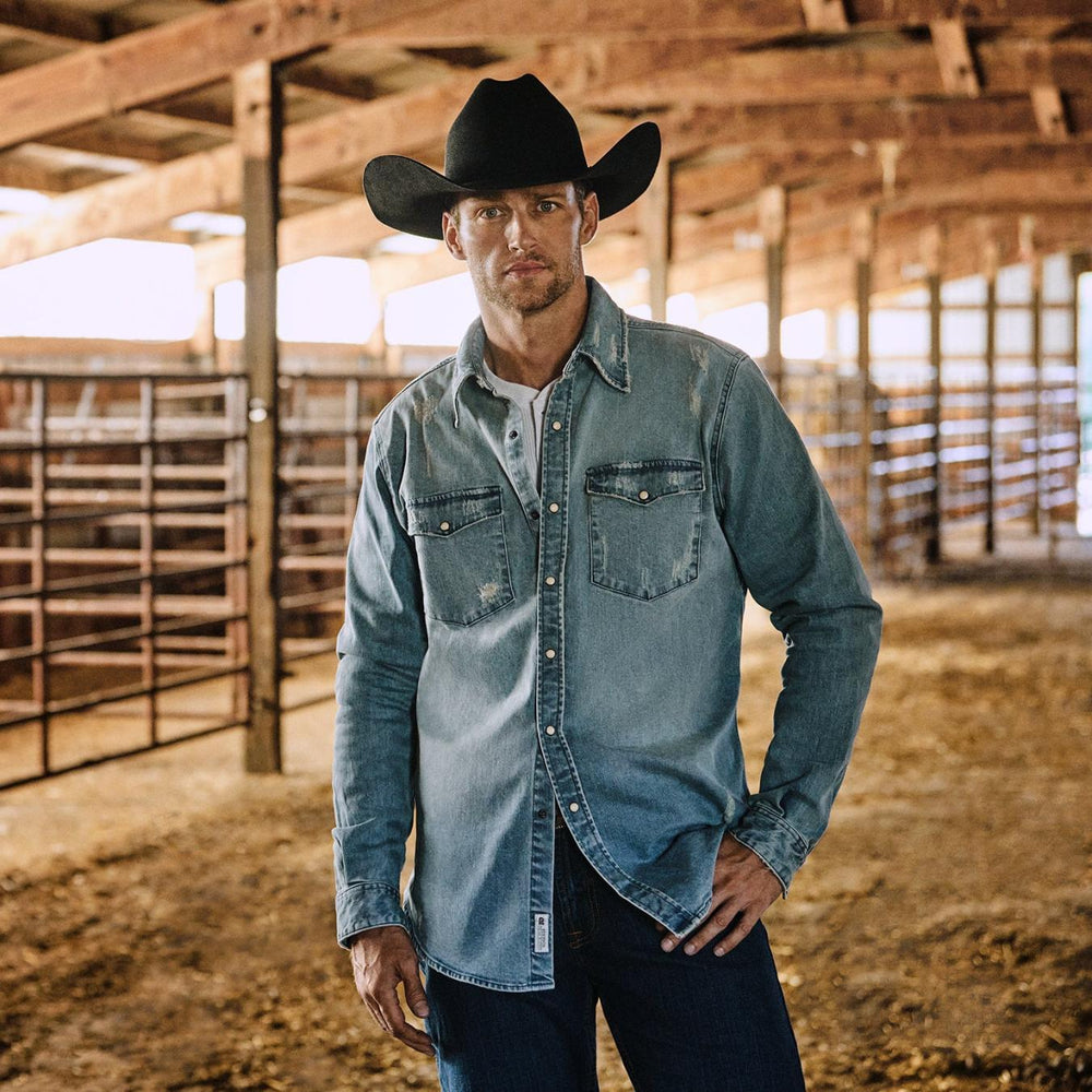 Men Denim Shirts | Stetson Distressed Denim Western Shirt Blue