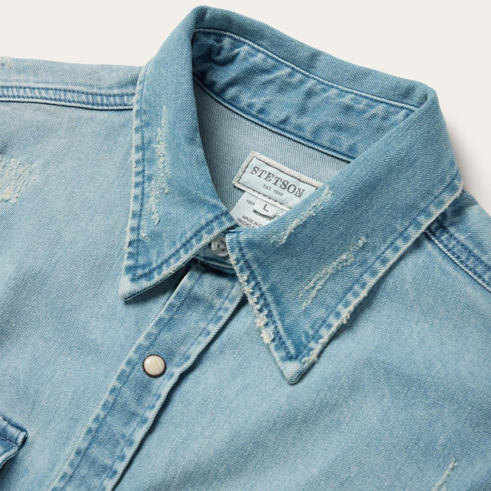 Men Denim Shirts | Stetson Distressed Denim Western Shirt Blue
