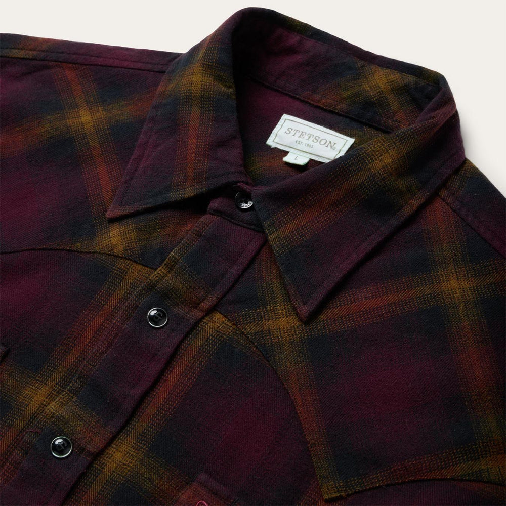 Men Flannel Shirts | Stetson Black Wine Plaid Flannel Western Shirt Wine