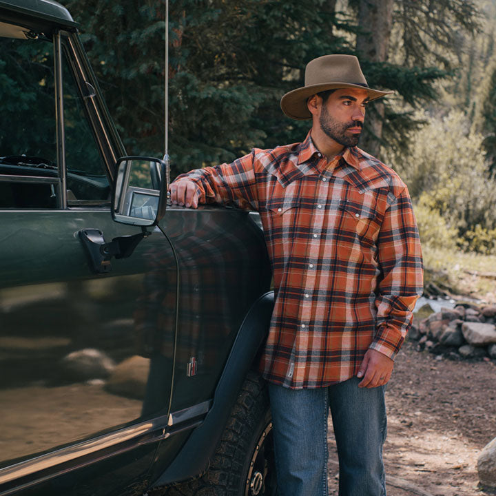Men Flannel Shirts | Stetson Brushed Twill Plaid Shirt Orange