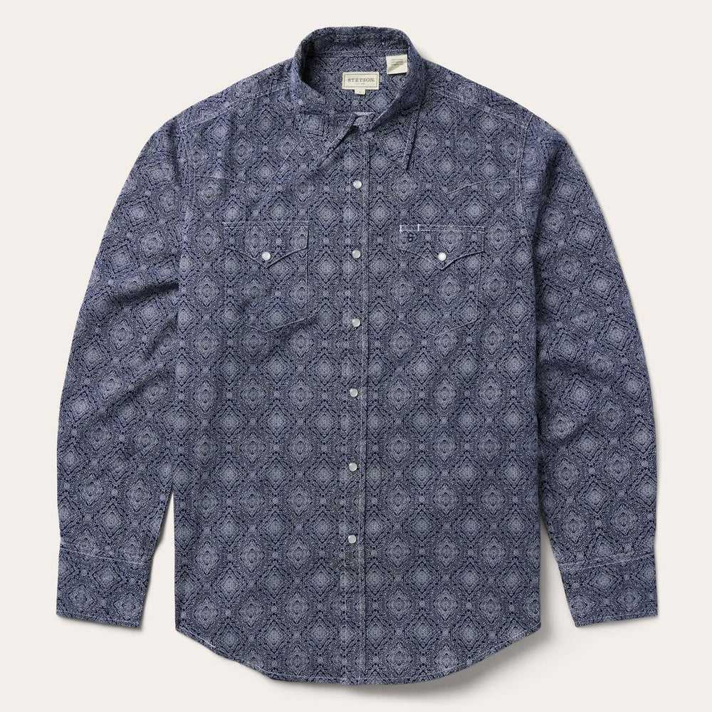 Men Modern Cut | Stetson Blue Medallion Print Western Shirt Blue