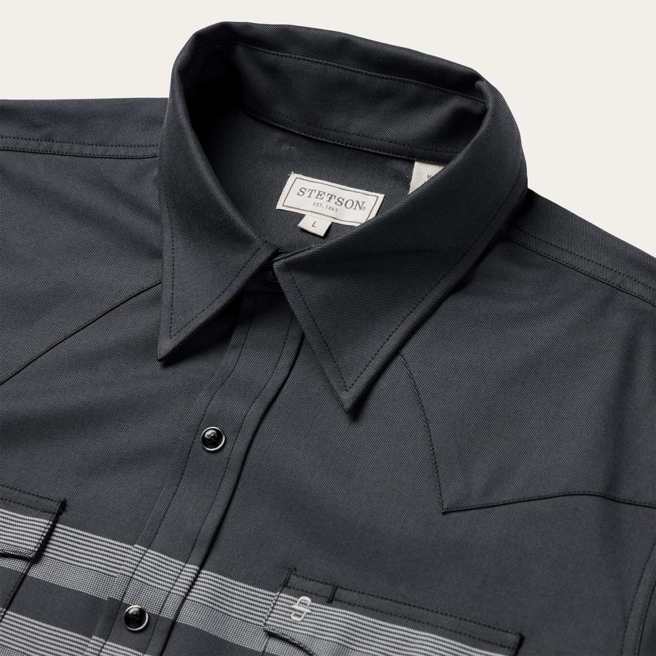 Men Modern Cut | Stetson Border Stripe Twill Western Shirt Black