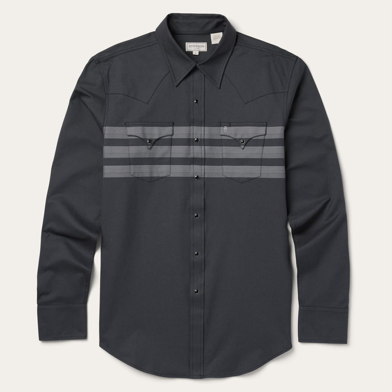Men Modern Cut | Stetson Border Stripe Twill Western Shirt Black