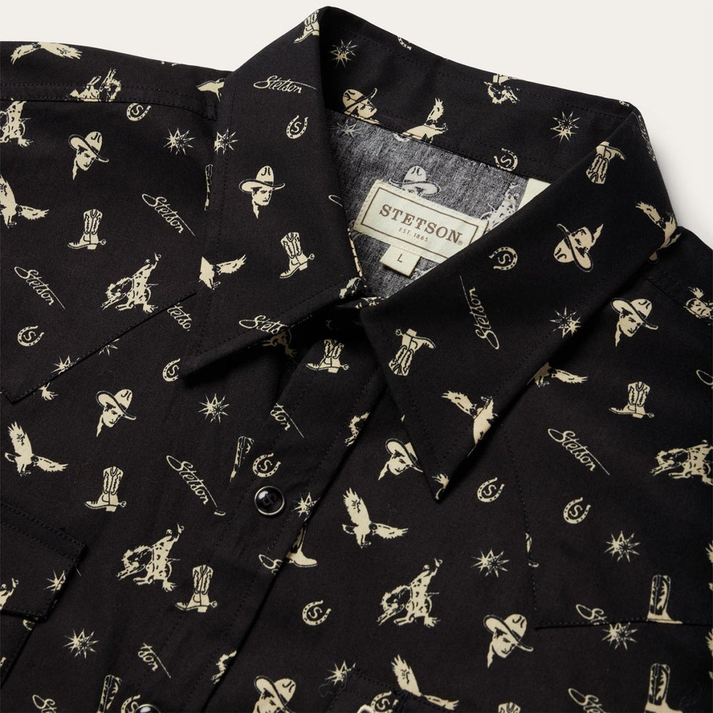 Men Modern Cut | Stetson Conversation Print Western Shirt Black