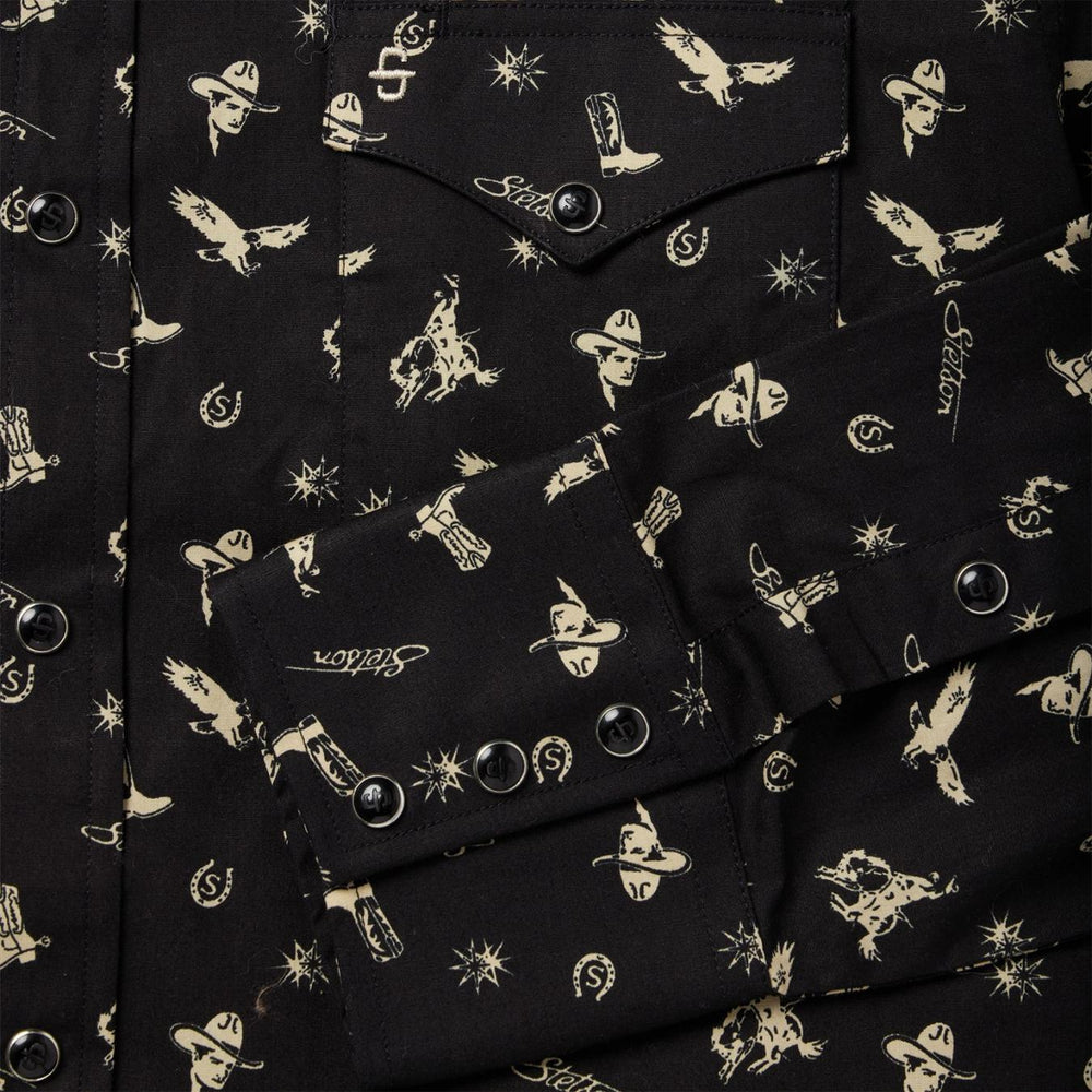 Men Modern Cut | Stetson Conversation Print Western Shirt Black
