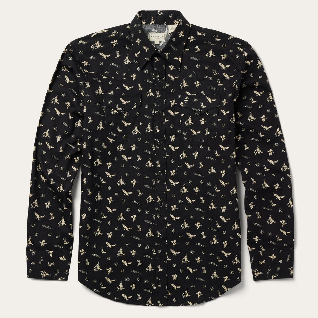 Men Modern Cut | Stetson Conversation Print Western Shirt Black