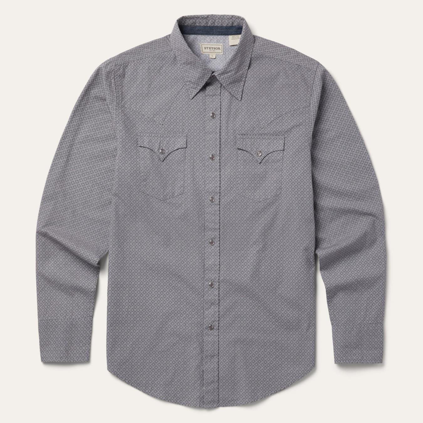 Men Modern Cut | Stetson Diamond Print Western Shirt Grey