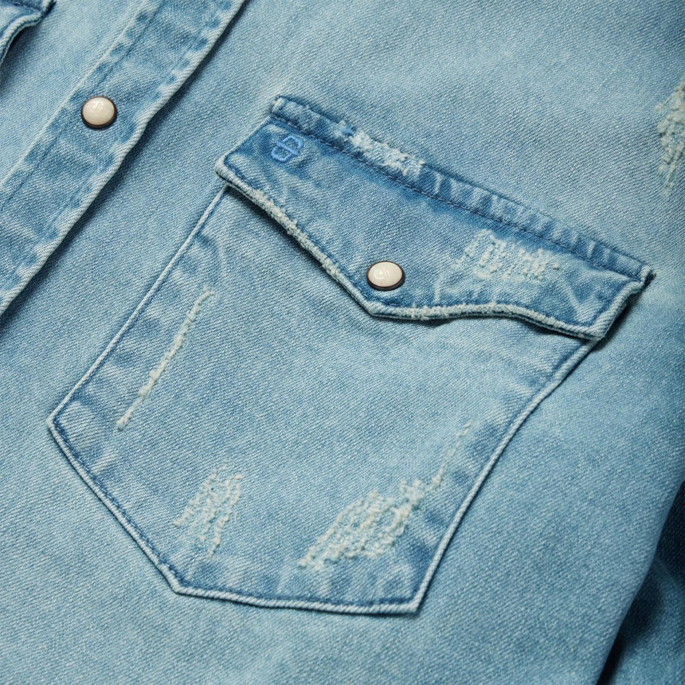 Men Modern Cut | Stetson Distressed Denim Western Shirt Blue