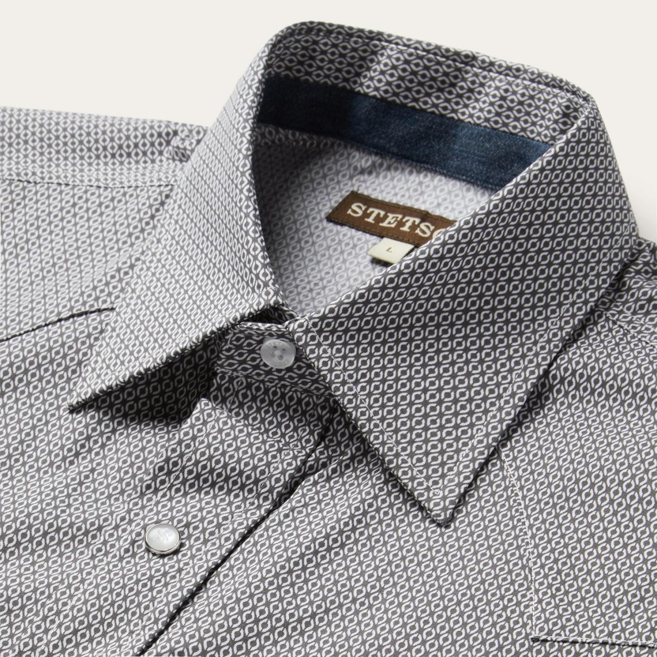 Men Modern Cut | Stetson Grey Geo Print Western Shirt Grey