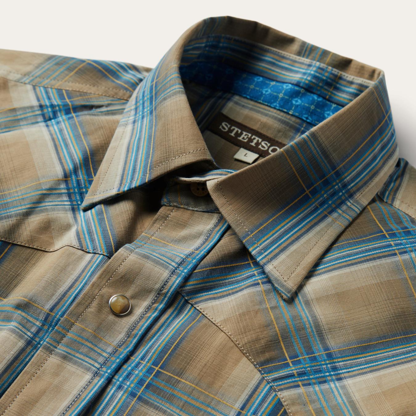 Men Modern Cut | Stetson Khaki Ombre Plaid Shirt Brown