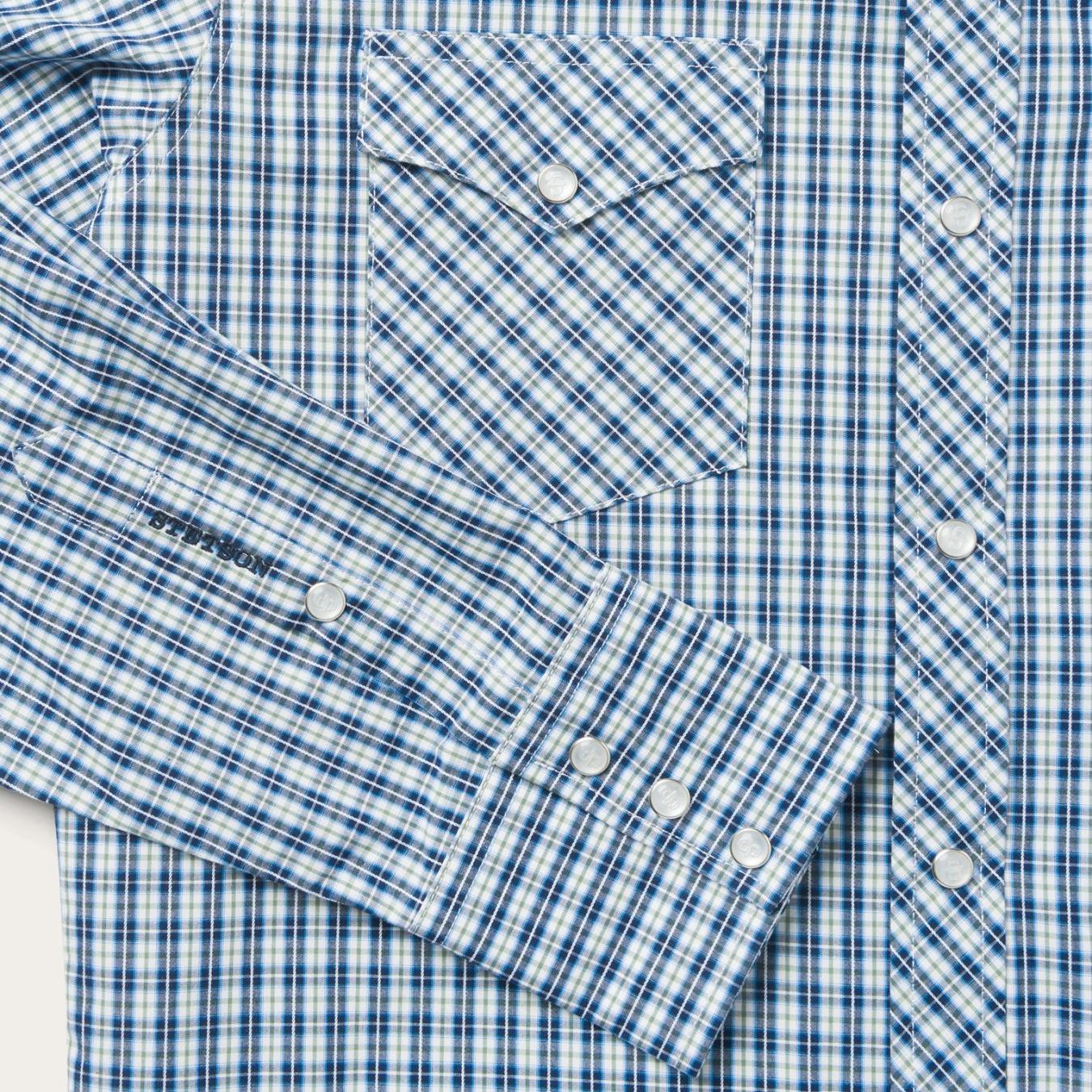 Men Modern Cut | Stetson Modern Snap Front Shirt In Mini Check Blue