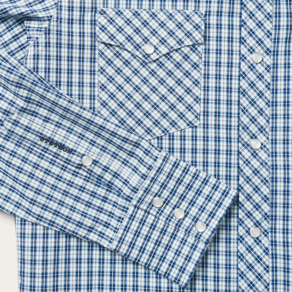 Men Modern Cut | Stetson Modern Snap Front Shirt In Mini Check Blue